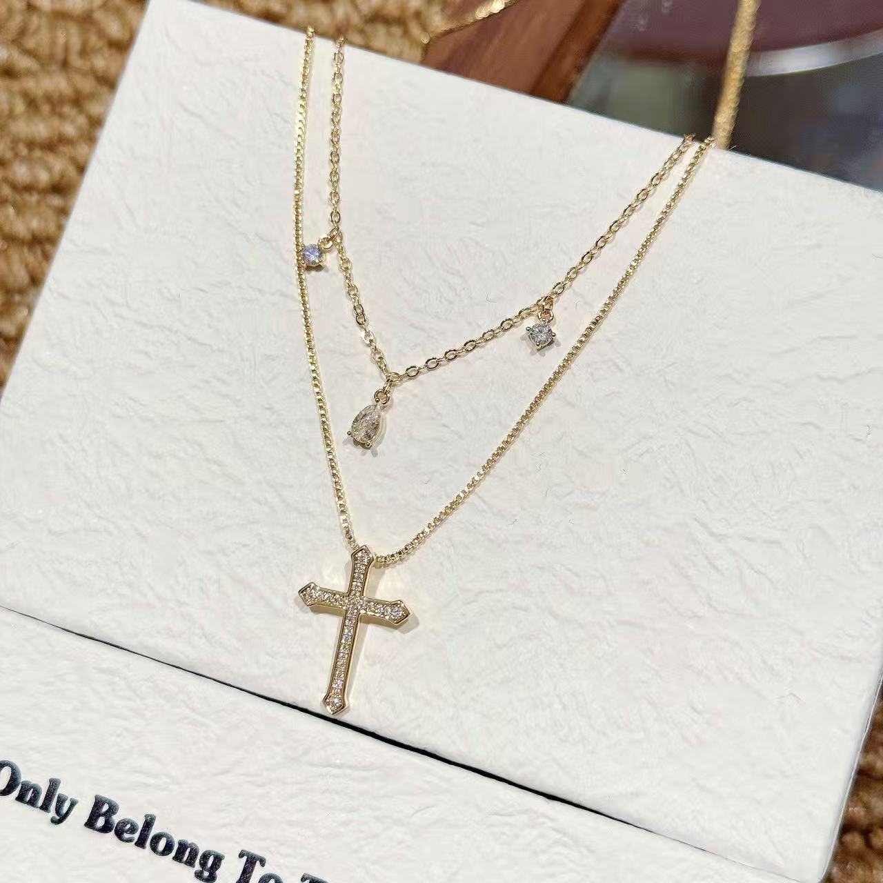 Luxury Double Cross Sparkling CZ Clavicle Necklace Designer Daily Women Accessory
