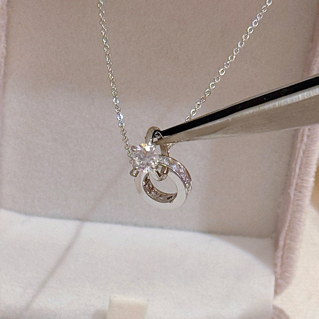 Double Interlocked Ring Pendant Necklace, Elegant Luxury Women Daily Fashion Necklace