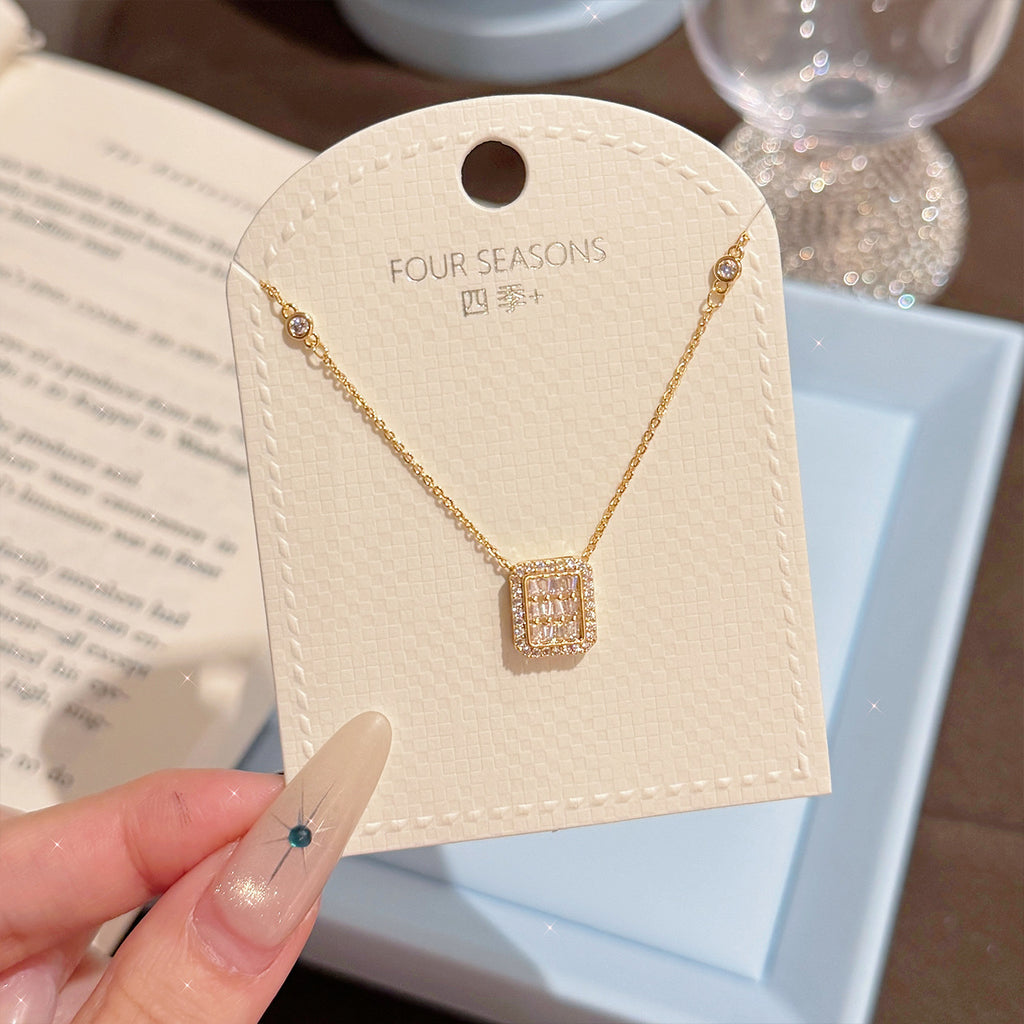 Upscale Sugar Cube CZ Clavicle Necklace Luxury Rich Lady Daily Pendant Chain