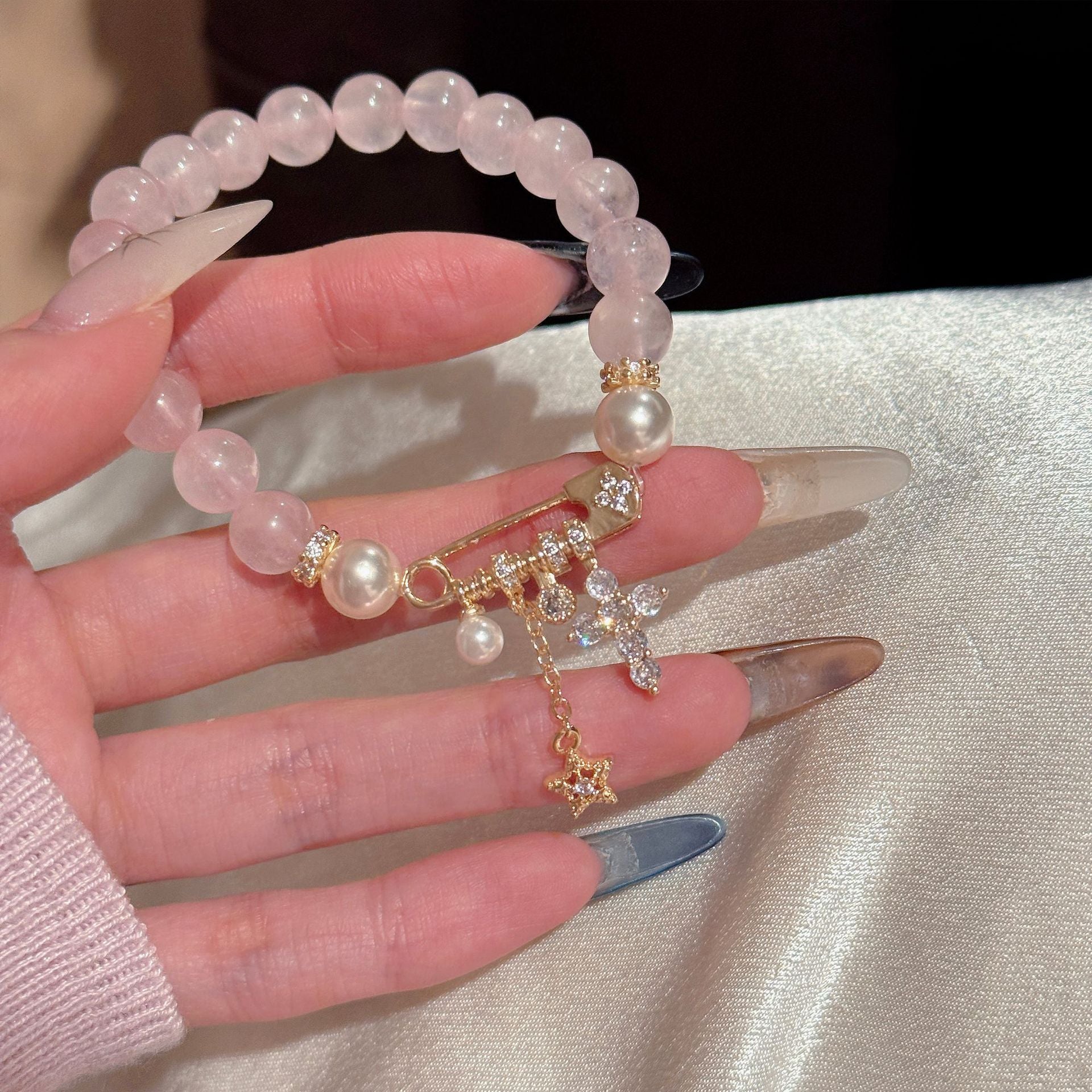 Pearl Safety Pin Bracelet with Cross Star Pendant, Luxury Niche Elegant Wrist Jewelry, Exquisite All-match Temperament Bracelet