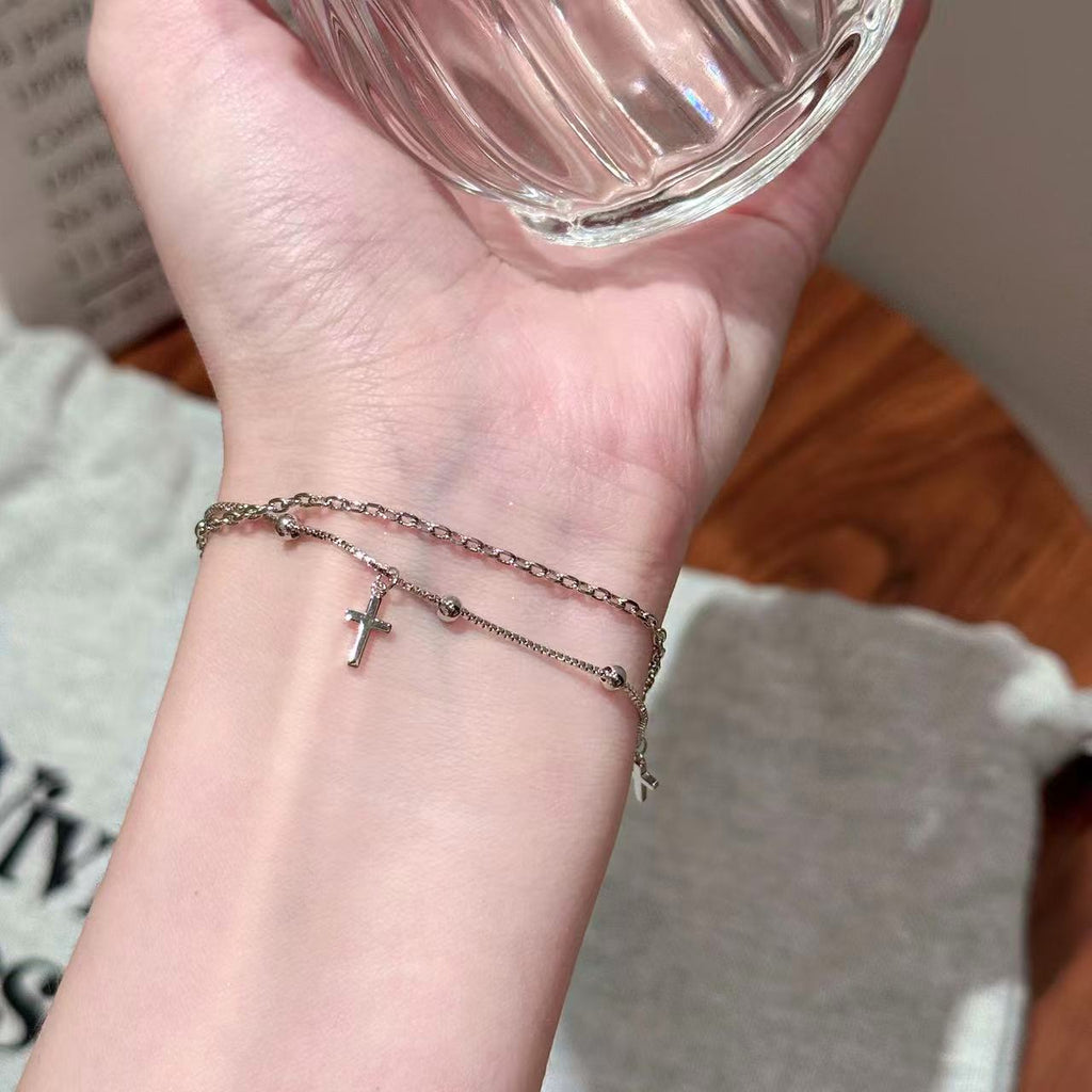Double Layer Cross Bracelet for Women, Trendy Stackable Wrist Jewelry, Luxury Cool Neutral Style Fashion Personality Bracelets