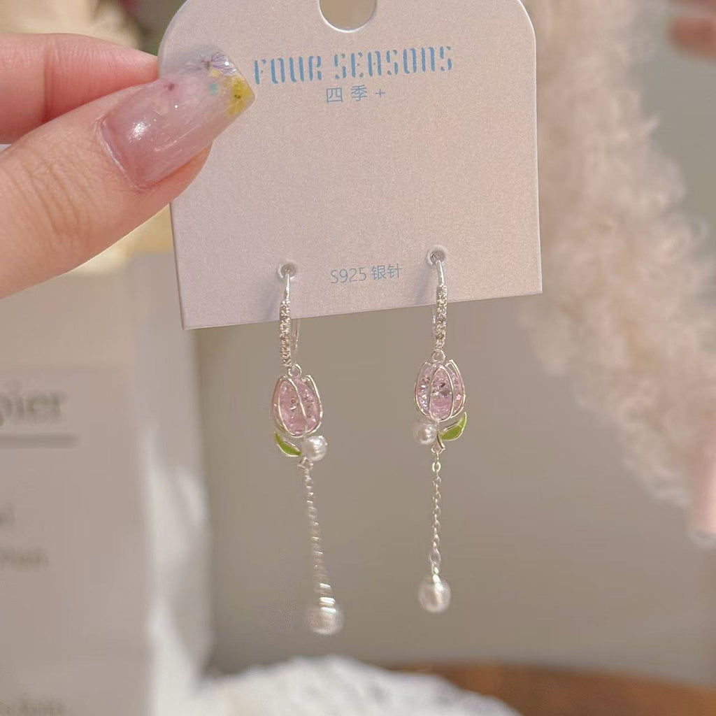 Women Exquisite Tulip Stud Earrings, Elegant Pearl Tassel Pendant Earrings, Sweet Temperament Daily Ear Jewelry