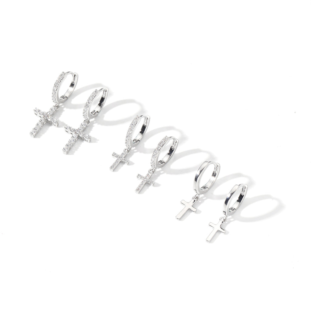 Sparkling Cubic Zirconia Cross Earring Set of 3 Pairs, Luxury Dainty Elegant All-Match Multi-Style Women Fine Ear Jewelry