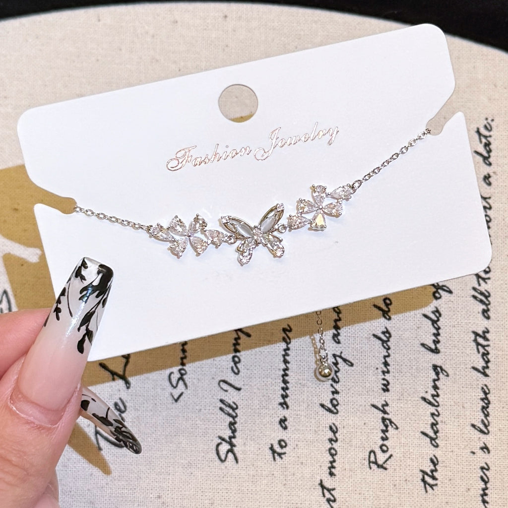 Butterfly & Flower Bracelet, Sparkling Cubic Zirconia Minimal Bangle, Luxury Elegant Dainty Versatile Fashion Hand Jewelry