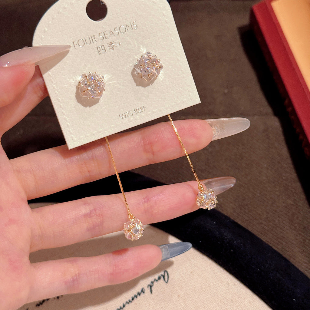 Cool Minimal Sparkling Pave CZ Ball Tassel Drop Earrings, Luxury Dainty S925 Sterling Silver Post Women Ear Jewelry for Gentle Vibe Daily Wear