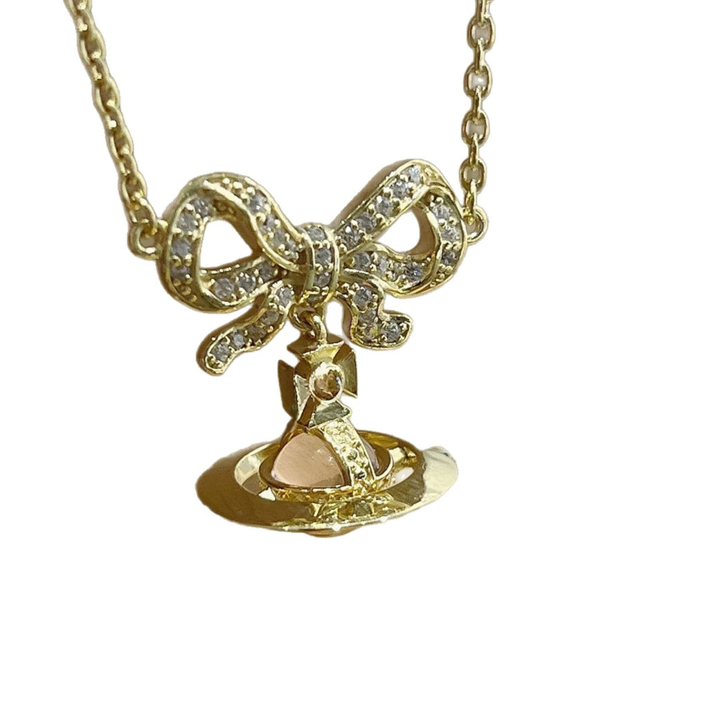 Sweet Luxury Bow Saturn Cat Eye Clavicle Necklace Ladies Daily Pendant Chain