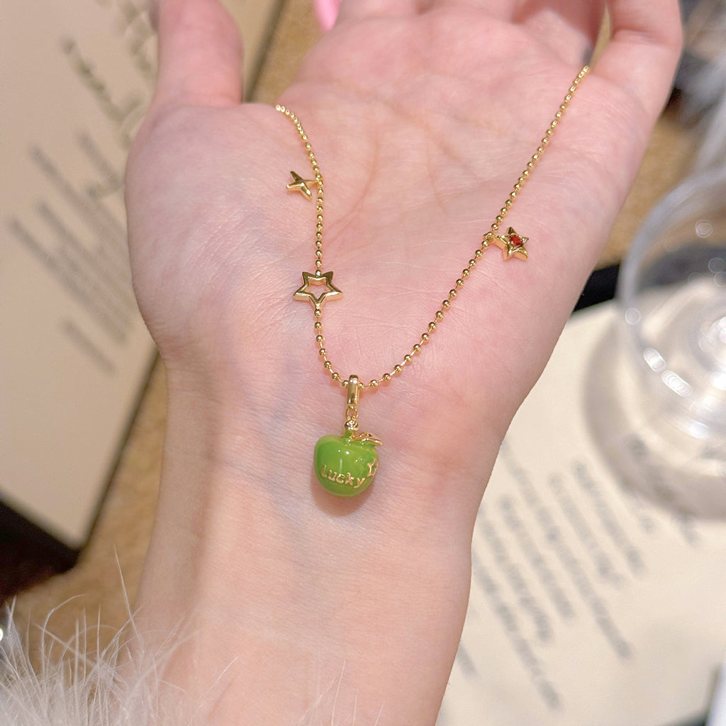 Apple Lucky Pendant Necklace, Minimalist Sweet Cool Luxury Dainty Zircon Clavicle Chain Jewelry for Women