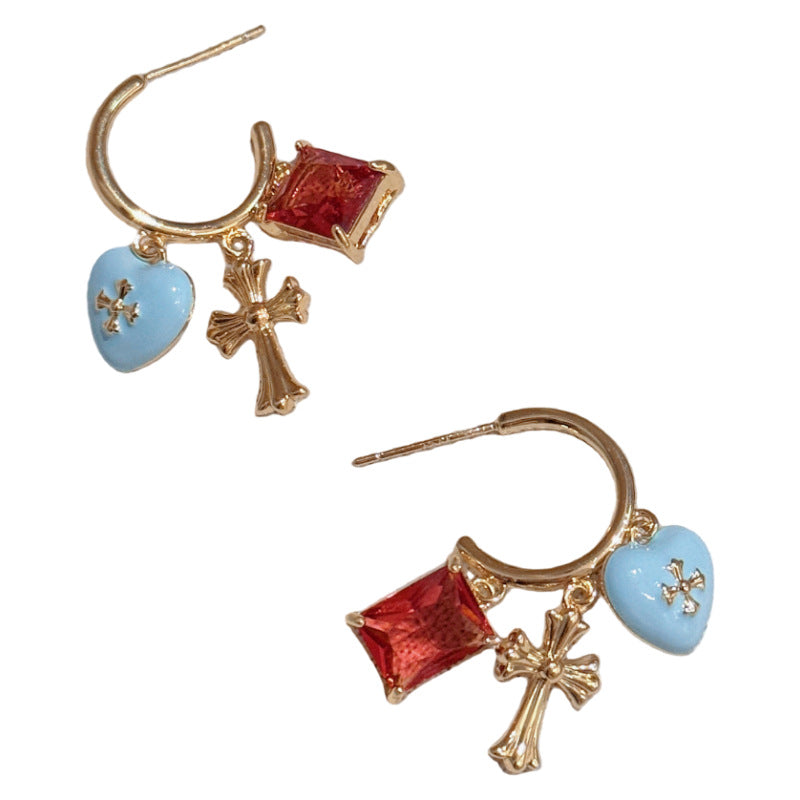 Heart Cross Stud Earrings, Luxury High-end S925 Silver Needle Earrings, Retro Design Exquisite Versatile Ear Jewelry
