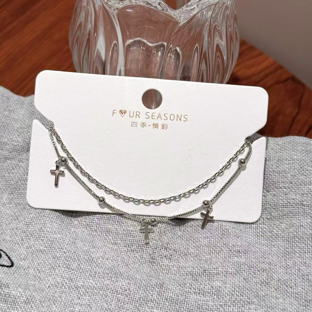Double Layer Cross Bracelet for Women, Trendy Stackable Wrist Jewelry, Luxury Cool Neutral Style Fashion Personality Bracelets