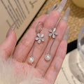 Long Pearl Tassel Flower Huggie Earrings Luxury Women Ear Jewelry