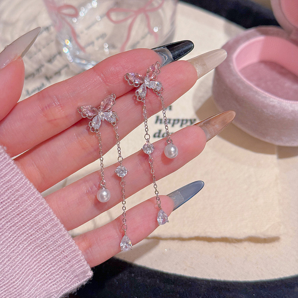 Custom Butterfly Pearl Tassel Drop Earrings, Luxury Niche S925 Sterling Silver Studs