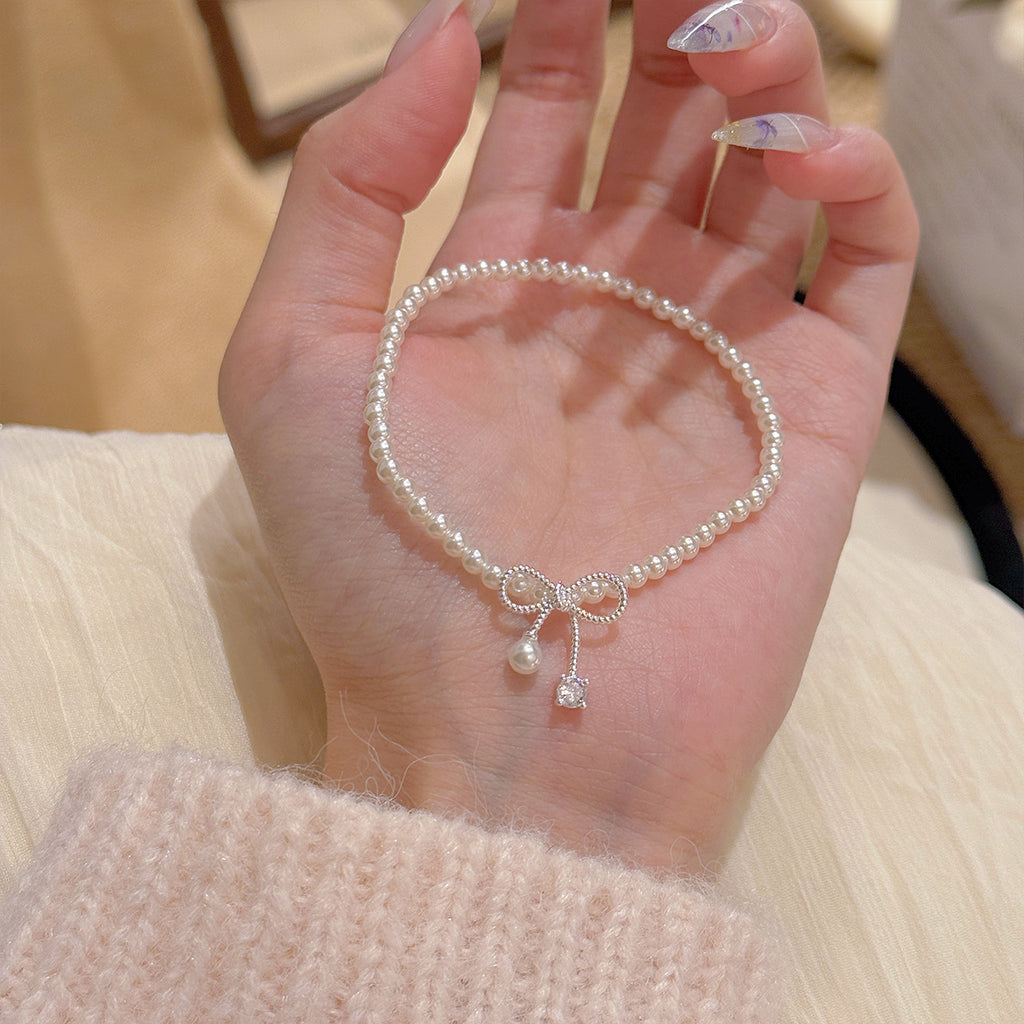 Women Classic Pearl Beaded Bracelets Chic Bow Design Niche High-end Fresh Sweet Delicate Versatile Daily Wrist Jewelry