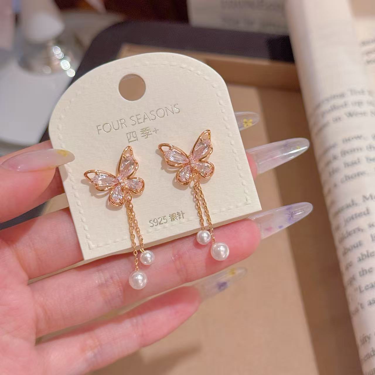 Butterfly Pearl Tassel Drop Earrings, S925 Sterling Silver Posts, Luxury Dainty Sweet Elegant Dangling Stud Earrings
