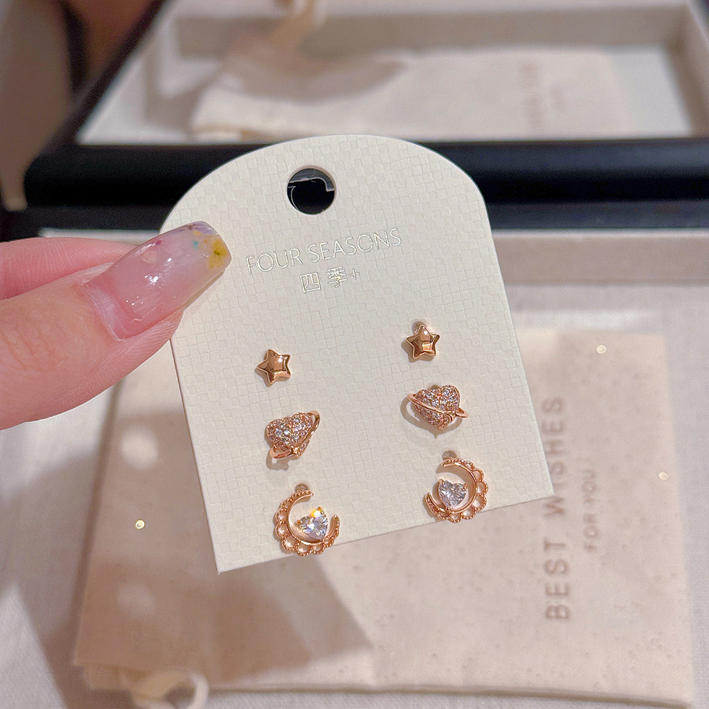 Shining Heart Star Stud Earrings 3Pcs Set, Luxury Elegant Dainty Gentle Temperament Ear Jewelry