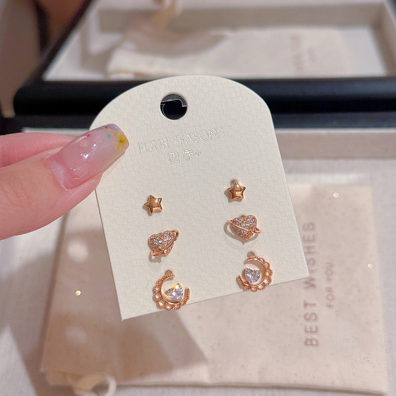 Shining Heart Star Stud Earrings 3Pcs Set, Luxury Elegant Dainty Gentle Temperament Ear Jewelry