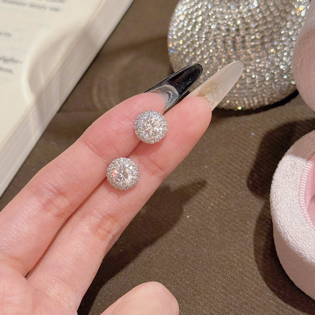 Cold Style Round Zircon Earrings, S925 Silver Studs, Elegant Luxury Delicate Fashion Ear Accessories