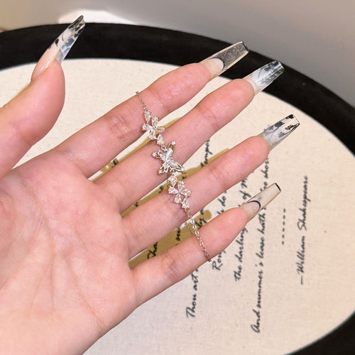 Butterfly & Flower Bracelet, Sparkling Cubic Zirconia Minimal Bangle, Luxury Elegant Dainty Versatile Fashion Hand Jewelry