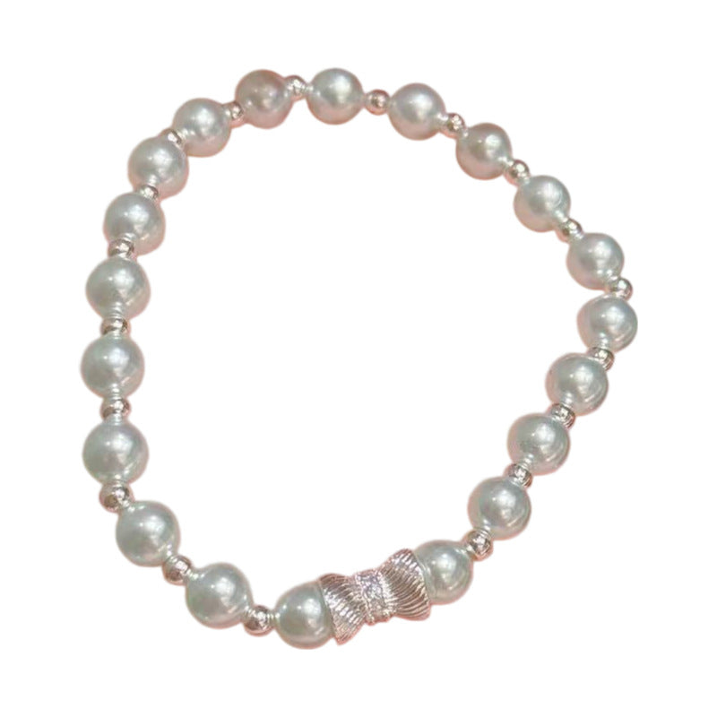 Cold Tone Bow Pearl Bracelet, Luxury Niche Elegant Hand Chain, Exquisite Birthday Gift Versatile Women Jewelry