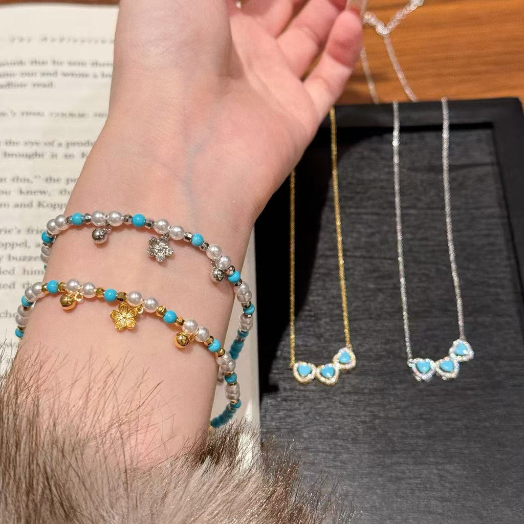 Luxury Turquoise Pearl Flower Jewelry Set Elegant Daily Women Accessory
