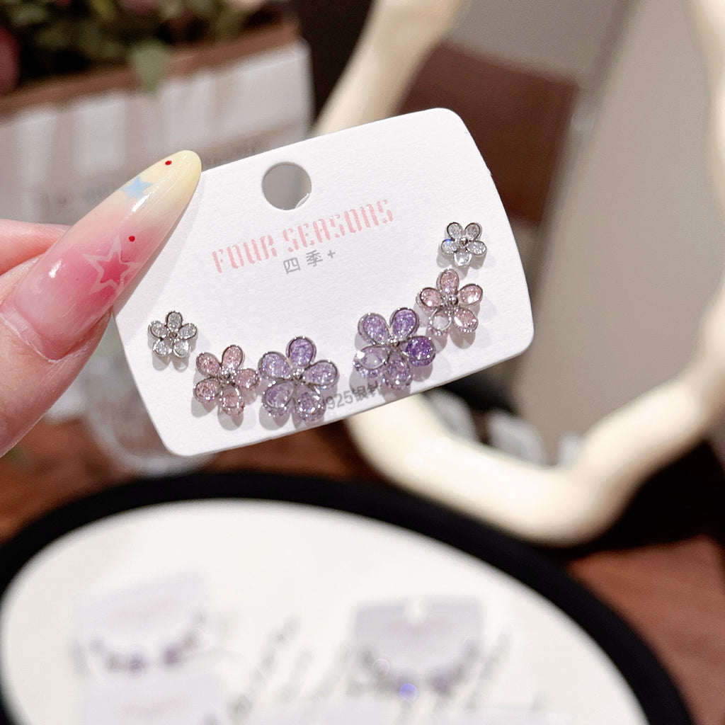 Women 3 Pairs Bling Bling Crystal Ear Studs Colorful Simple Style Silver Needle Ear Piercing Accessories Ear Healing Earrings Set