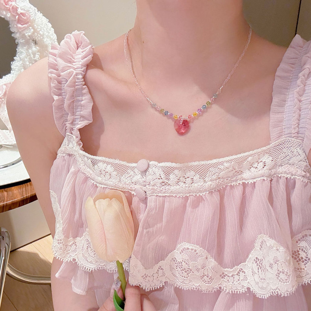 Summer Colorful Heart Necklace Dainty Luxury Clavicle Chain Fresh Dopamine Sweet Elegant Jewelry for Women