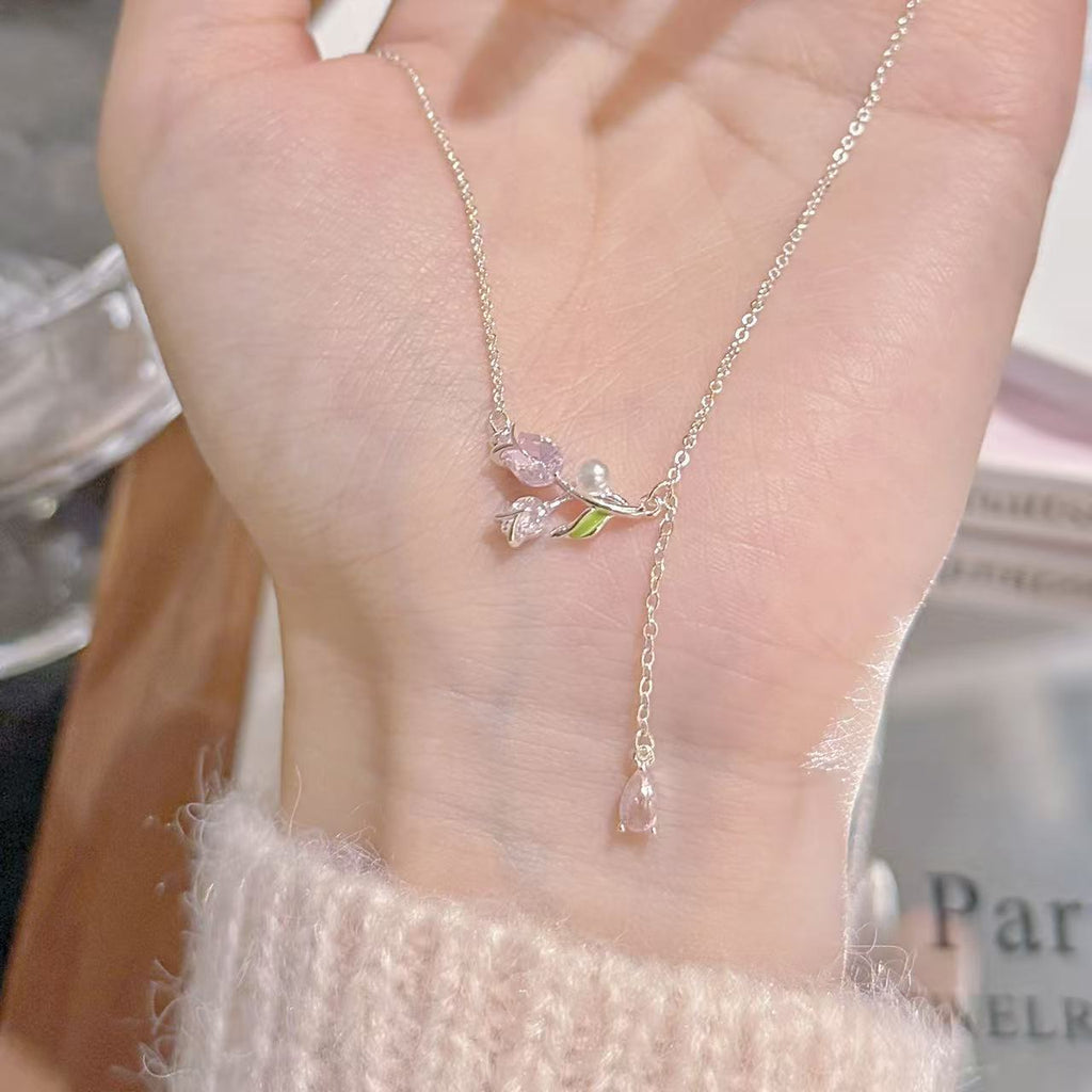 Unique Dainty Luxury Necklace, Sweet Tulip Tassel Pendant Clavicle Chain, Delicate Gentle Fashion Jewelry For Daily Wear