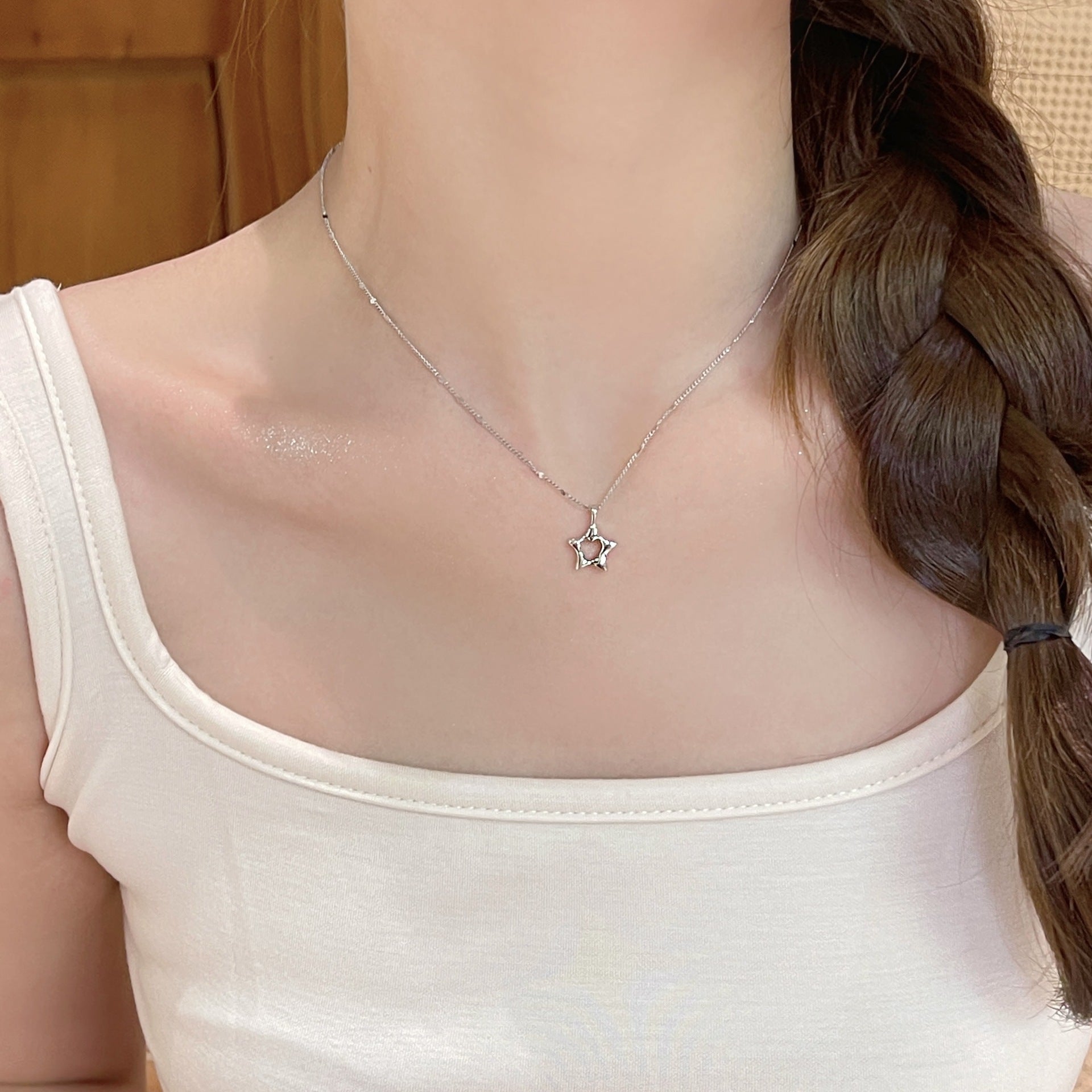 Cold Tone Star Tassel Necklace, Niche Design Shiny Zircon Pendant Clavicle Chain, Luxury Elegant Delicate Fashion Jewelry