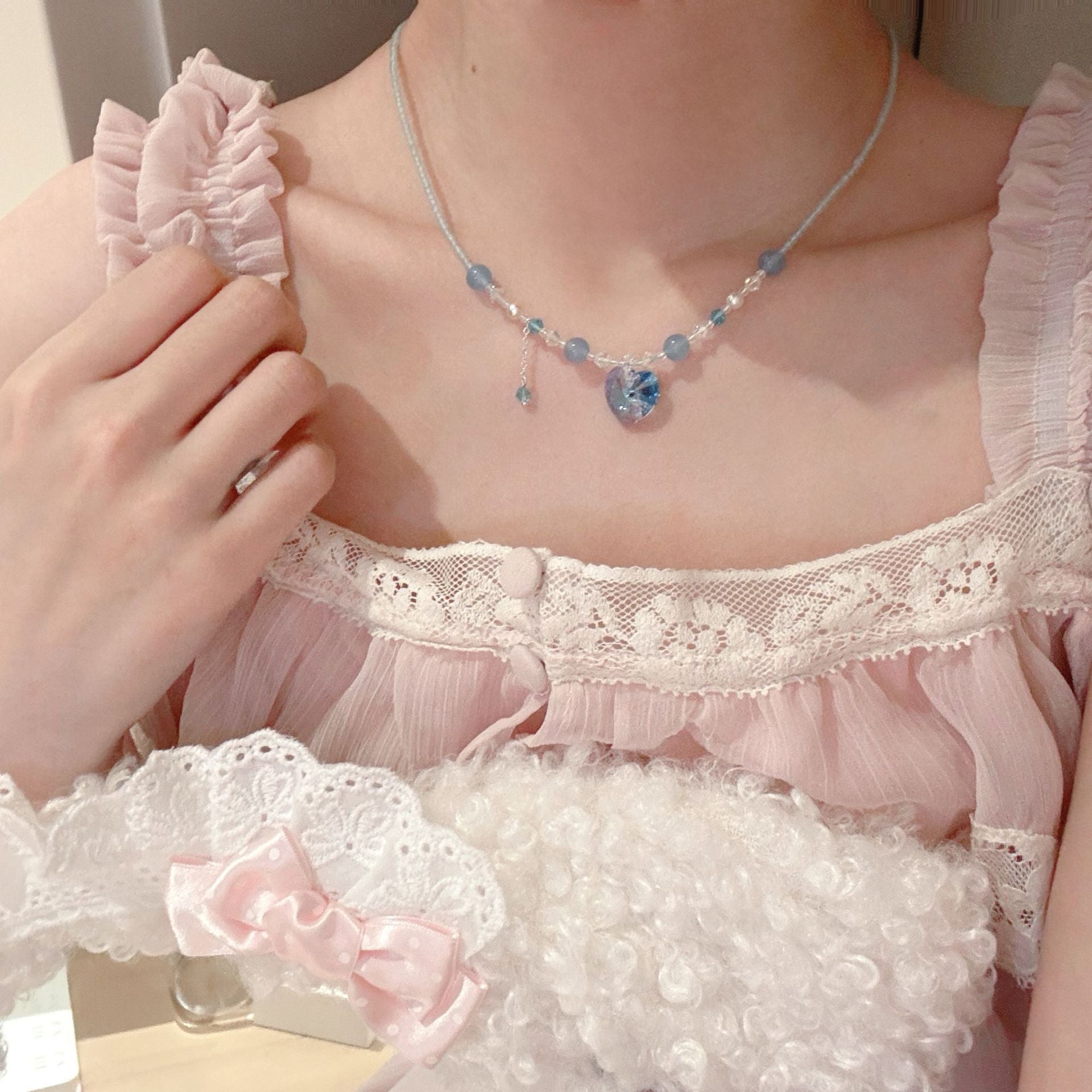 Summer Colorful Heart Necklace Dainty Luxury Clavicle Chain Fresh Dopamine Sweet Elegant Jewelry for Women