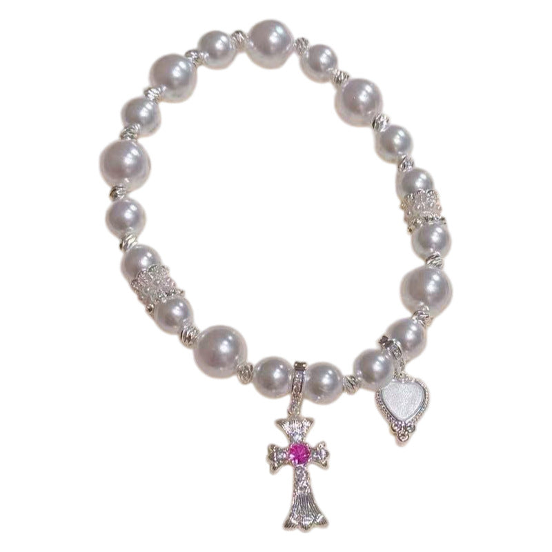 Cross Pearl Necklace & Bracelet Set, Luxury Niche All-match Clavicle Chain, Sweet Cool Style Exquisite Jewelry Set