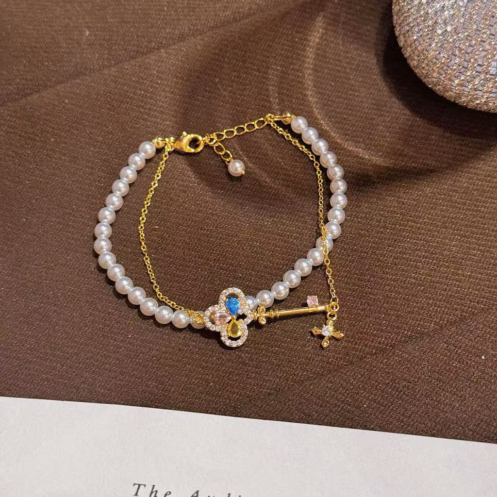 Magic Key Double Layer Pearl Bracelet, Spring New Luxury Elegant Wrist Jewelry, Exquisite Temperament All-match Bracelet