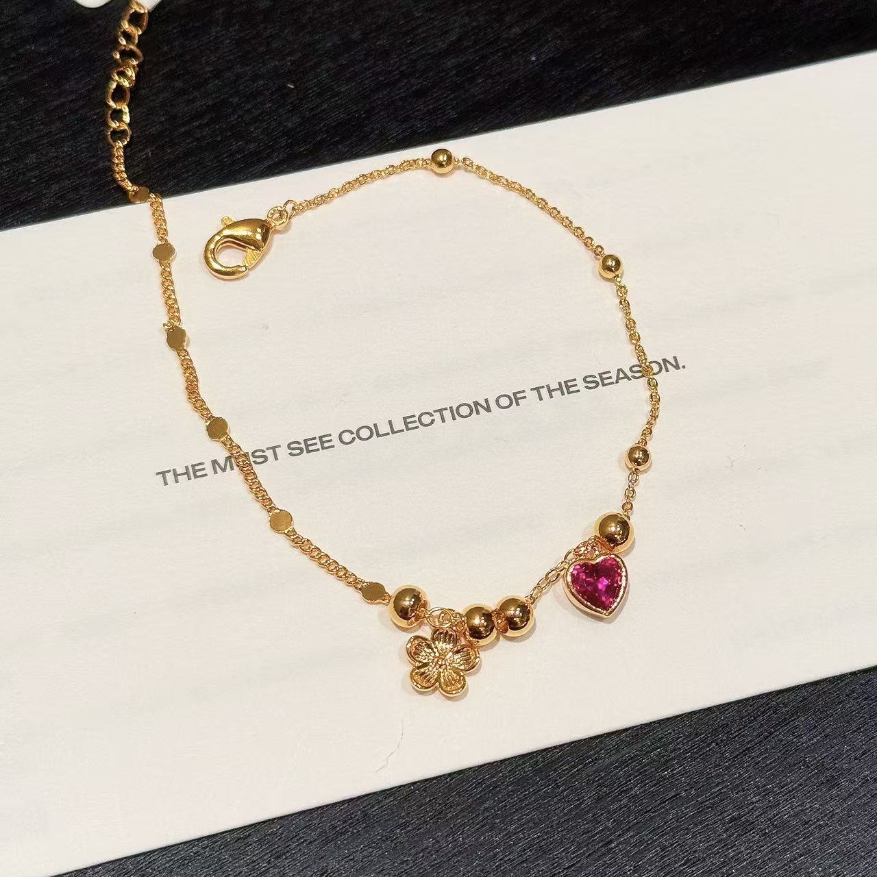 Heart Shape Sand Gold Bracelet, National Trend Luxury Hand Jewelry, Inlaid Natural Zircon Sweet Heart