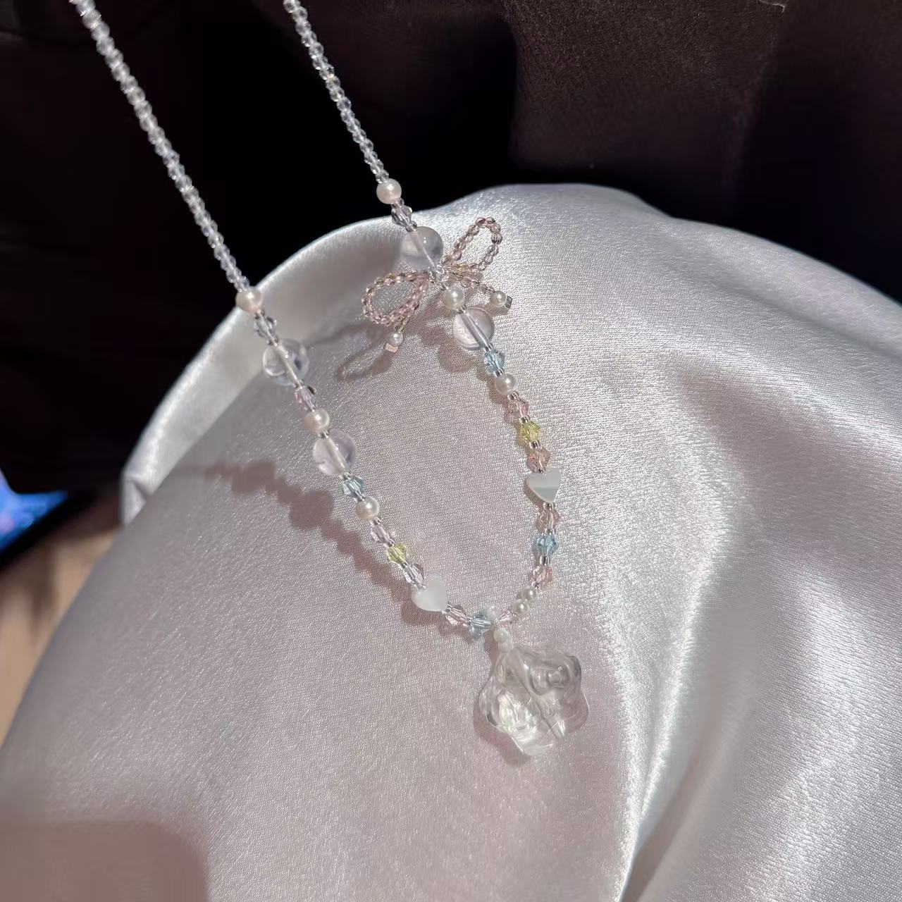 White Crystal Bow & Star Necklace, Cute Sweet Luxury Fashion Adjustable Chain Necklace Women Casual Party Jewelry水晶项链轻奢小众高级感精致甜美百搭项链