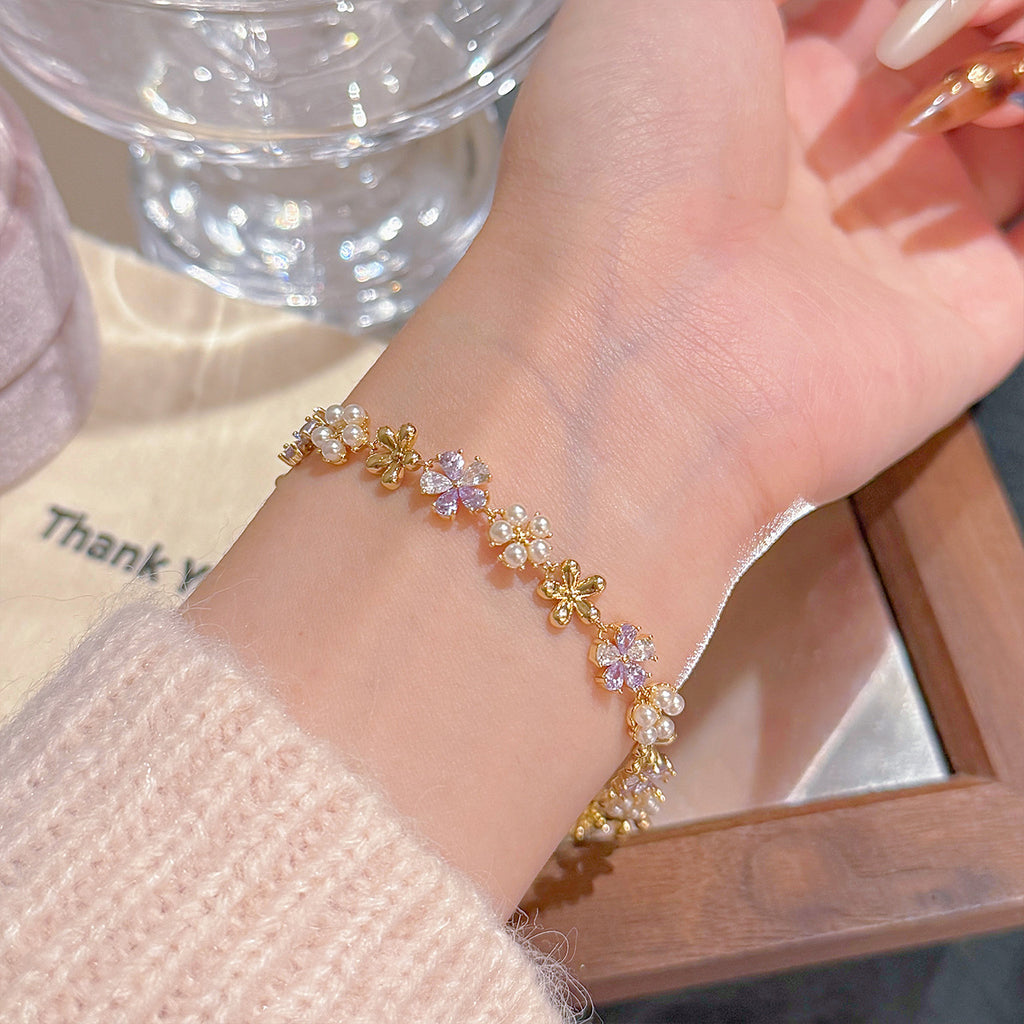 Purple Zircon Bracelet, Elegant Pearl Flower Bracelet, Luxury High-grade Delicate Hand Jewelry for Women