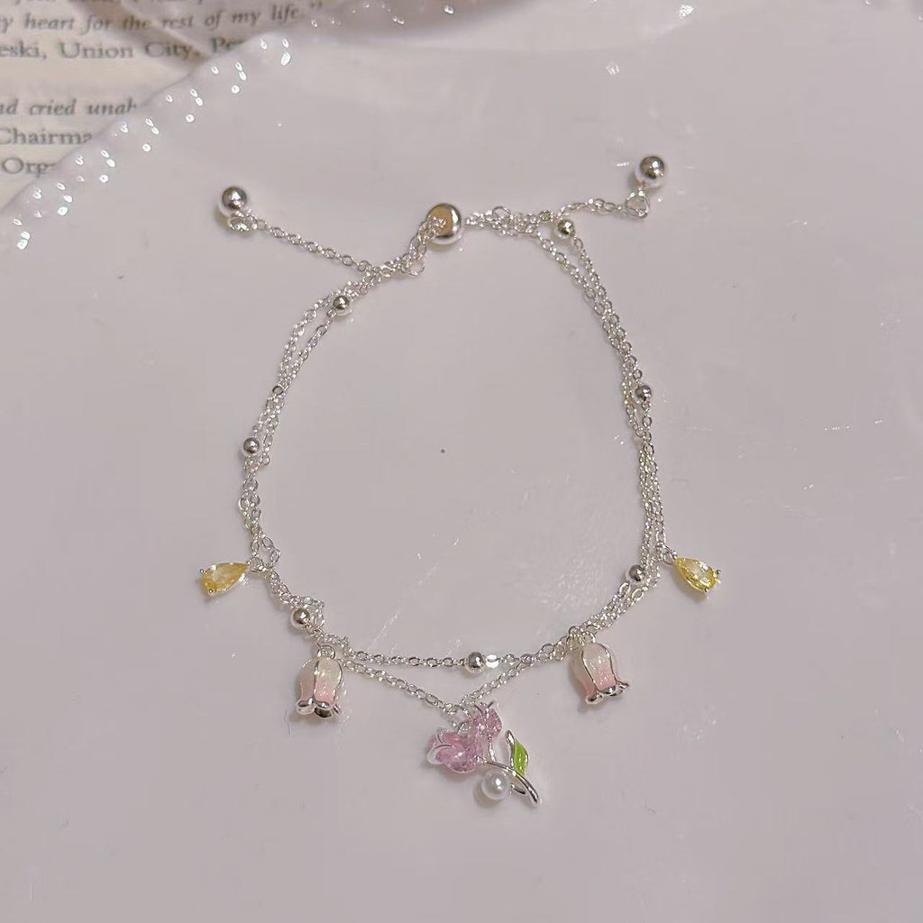 Pearl Tulip Bracelet, Luxury Niche Wrist Jewelry, Fresh Sweet Elegant Delicate Bangle for Women