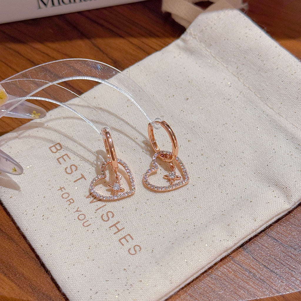 Hollow Heart Four-pointed Star Ear Buckles, 2026 New Sweet Luxury Elegant Noble Style Exquisite Earrings