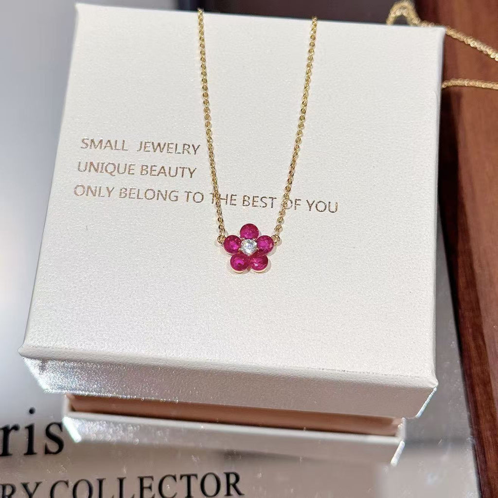 Flower Pendant Clavicle Necklace, Ruby & Natural Zircon Necklace, Minimalist Luxury Niche Fashion Jewelry for Women