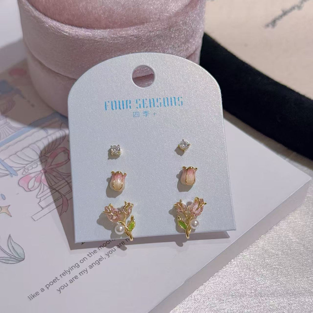 S925 Silver Tulip Earrings, Fresh Spring Temperament Women Daily Studs