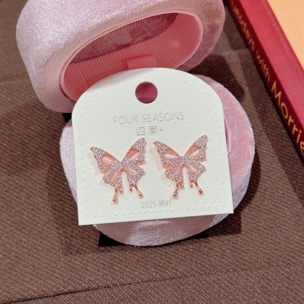 Moonlight Butterfly Stud Earrings, Vivid Cat's Eye Stone 925 Silver Earrings, Luxury Elegant Atmosphere Exquisite Temperament Ear Jewelry
