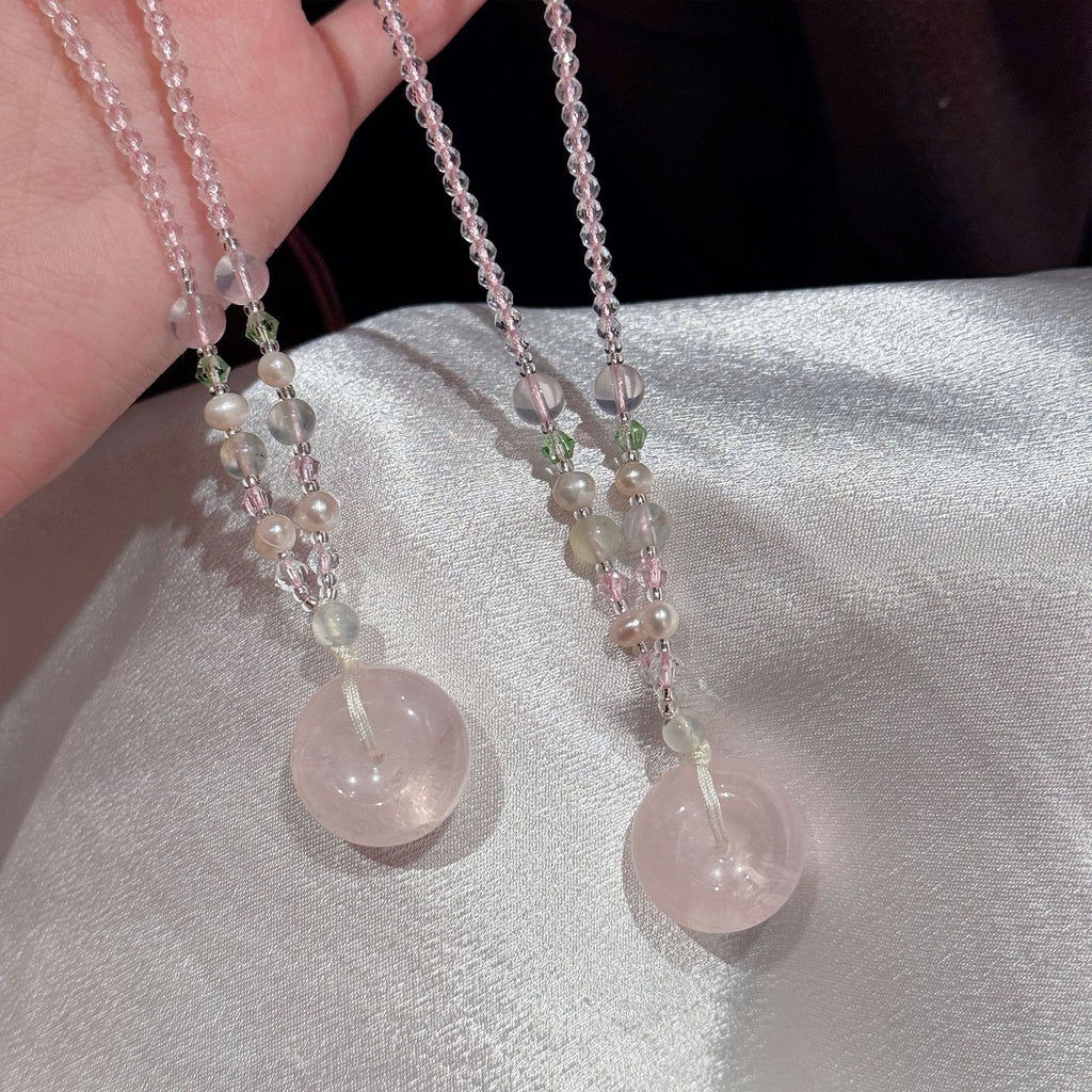 Pink Crystal Peace Buckle Necklace, Gentle Sweet Daily Neck Jewelry