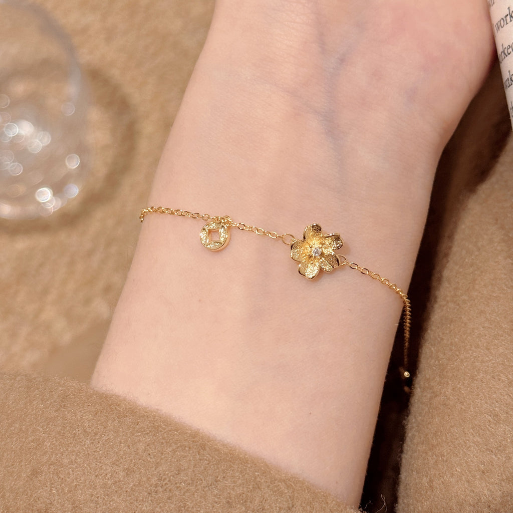 Custom Flower Sand Gold Bracelet, New Chinese Retro Zircon Bangle, Luxury Elegant National Style All-match Fashion Hand Jewelry