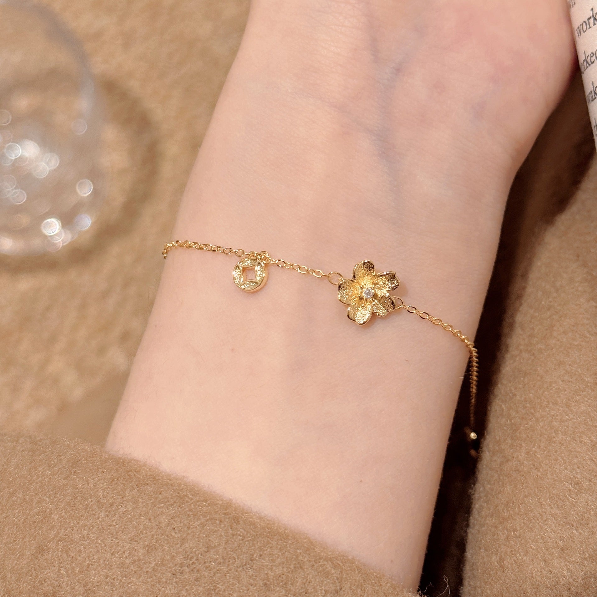 Custom Flower Sand Gold Bracelet, New Chinese Retro Zircon Bangle, Luxury Elegant National Style All-match Fashion Hand Jewelry