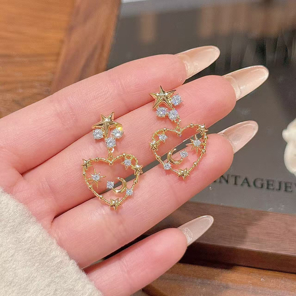 Sweet Heart Moon Cubic Zirconia Dangle Earrings, Minimal Fresh High-End Dainty Drop Ear Jewelry for Women Daily Commute