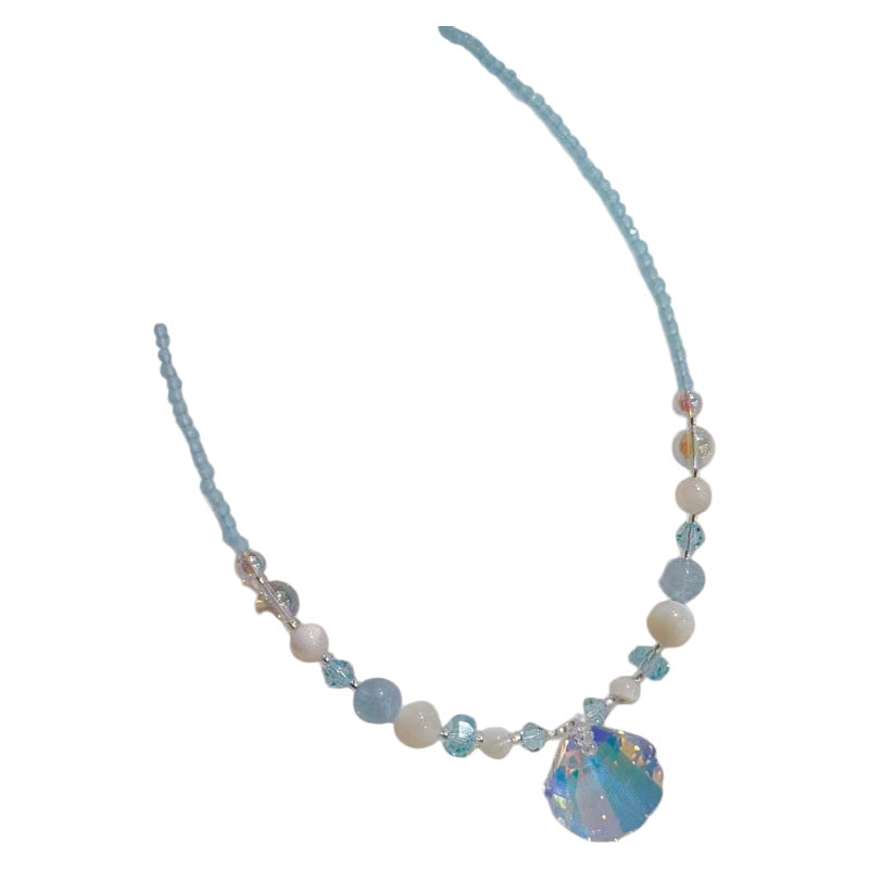 Crystal Natural Shell Pendant Necklace, Luxury Niche High-End Sweet Dainty Elegant Adjustable Collarbone Chain for Women Daily Jewelry