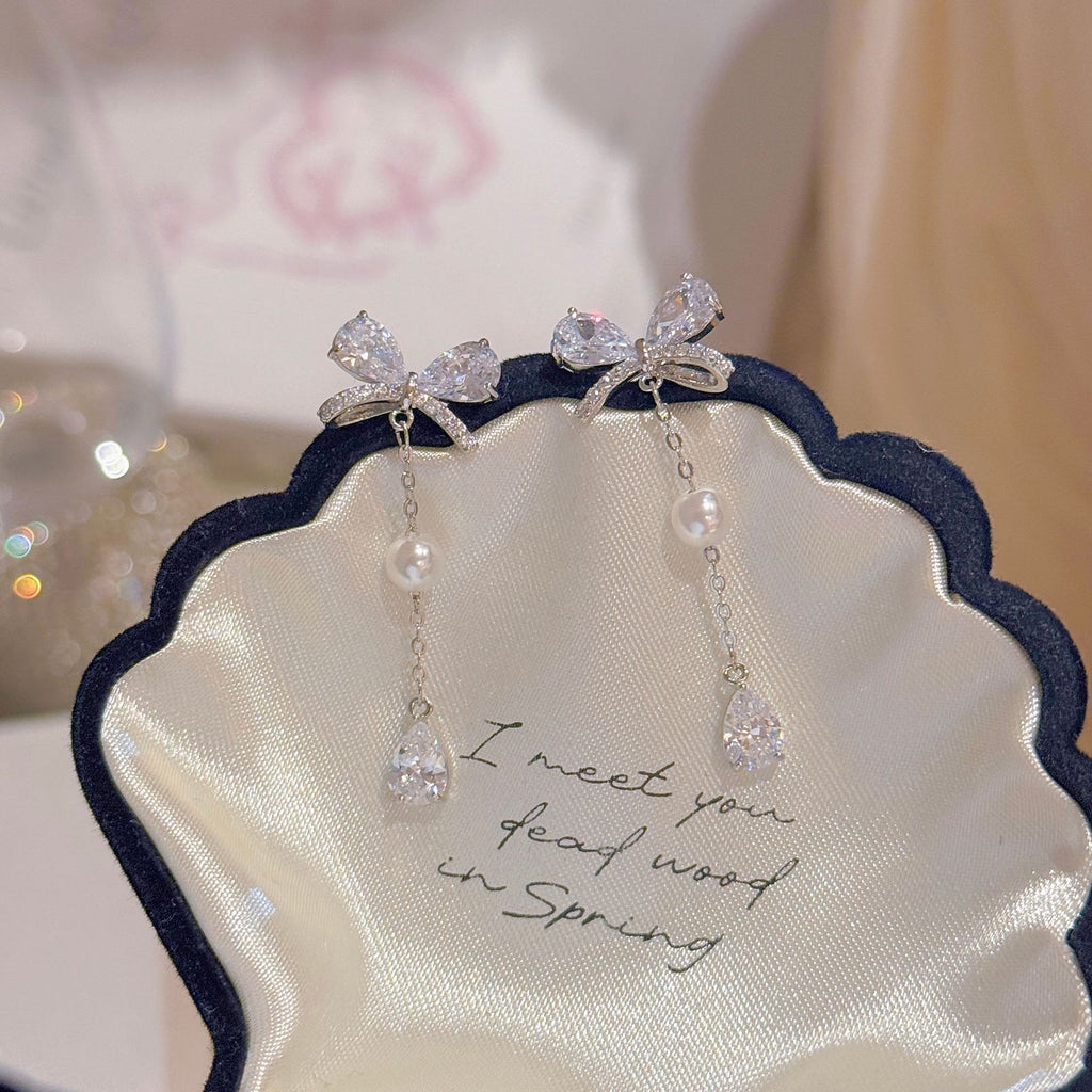 Bow Water Drop Pearl Tassel Earrings, S925 Sterling Silver Posts, Luxury Sweet Dainty Elegant Drop Stud Earrings