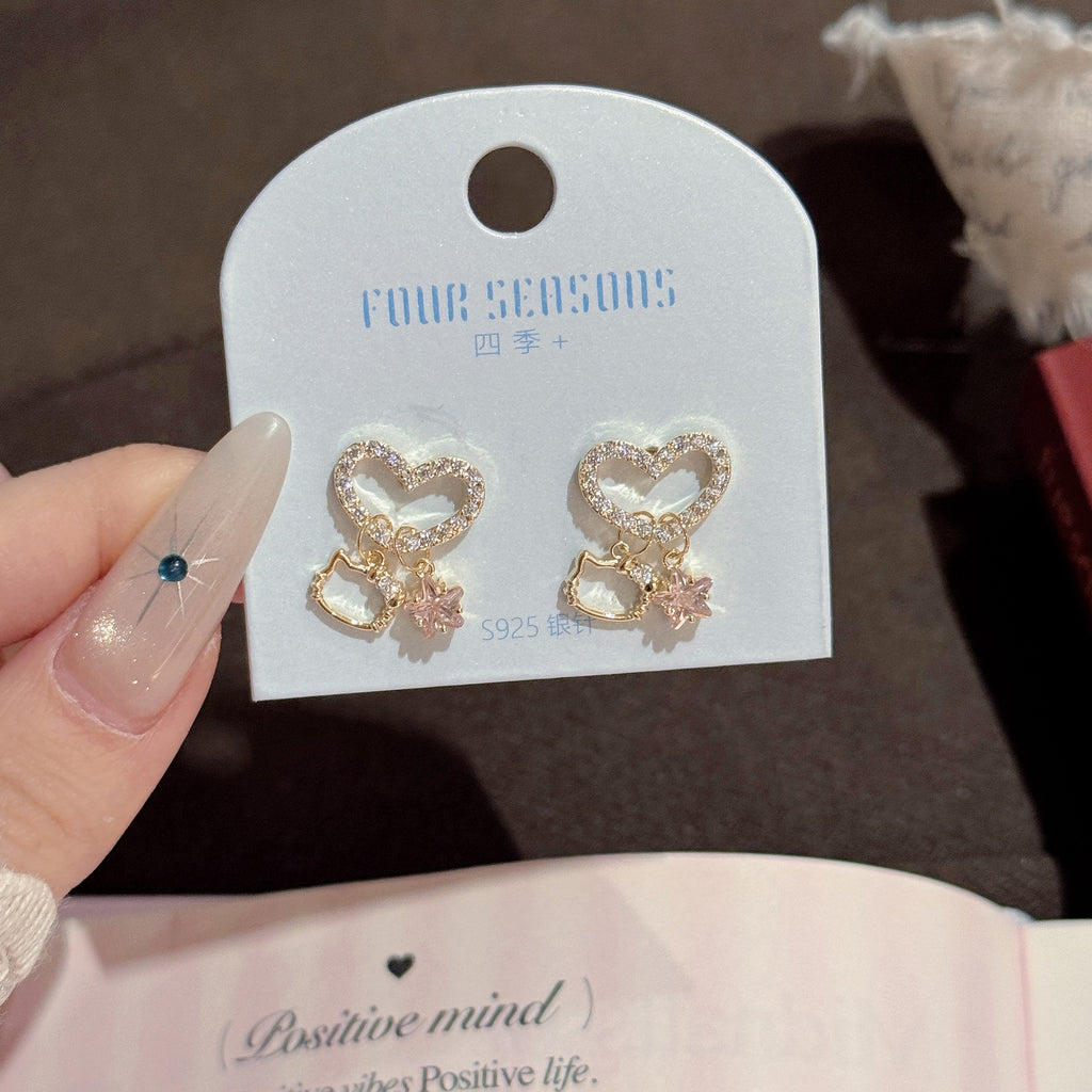 925 Silver Full Zircon Cat Earrings, Sweet Girly Daily Ear Studs
