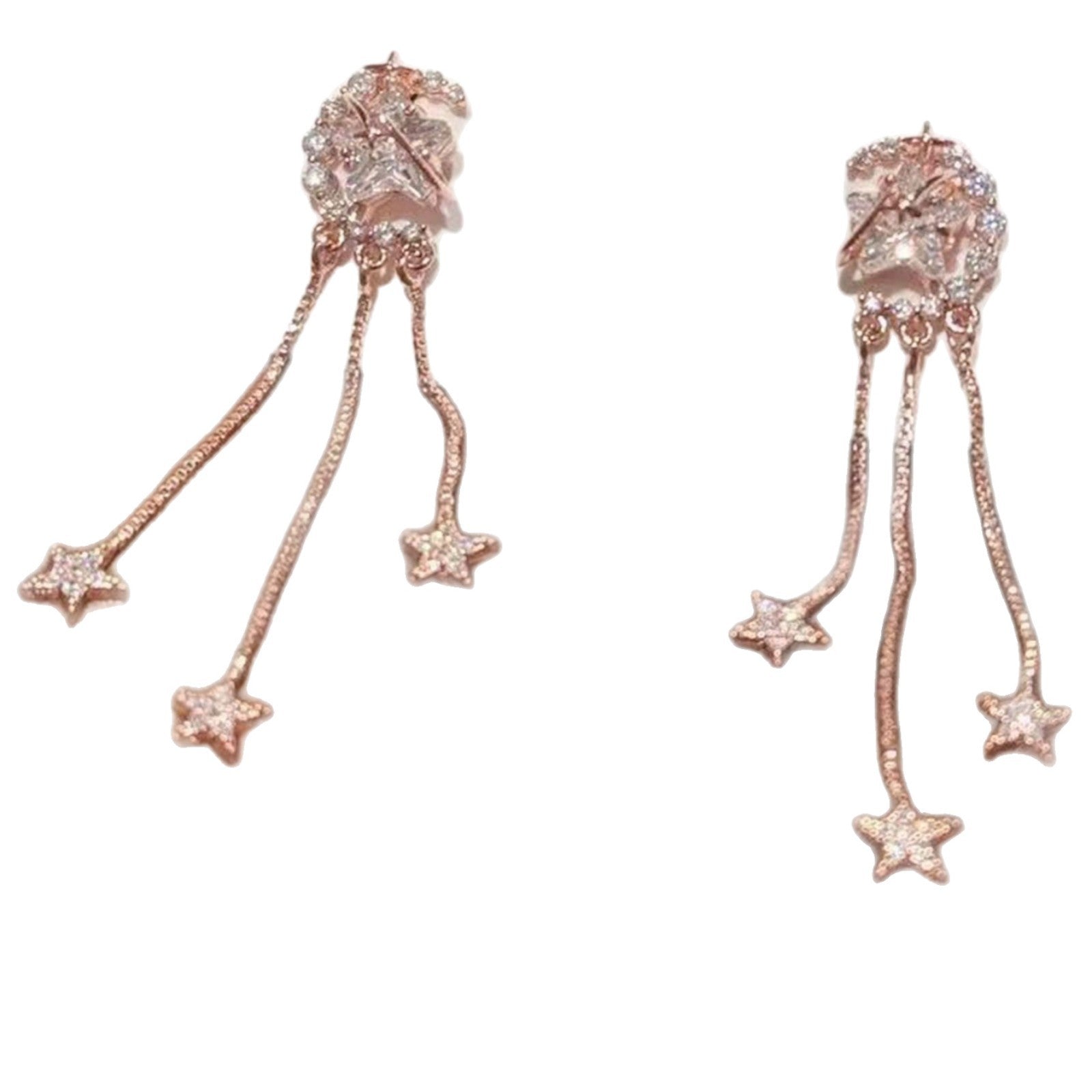 S925 Sterling Silver Moon Star Earrings, Sparkling Zircon Long Tassel Dangle Earrings