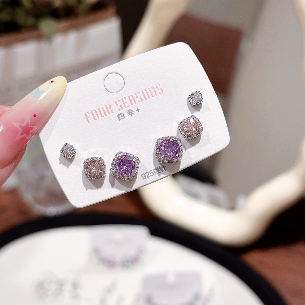 Women 3 Pairs Bling Bling Crystal Ear Studs Colorful Simple Style Silver Needle Ear Piercing Accessories Ear Healing Earrings Set