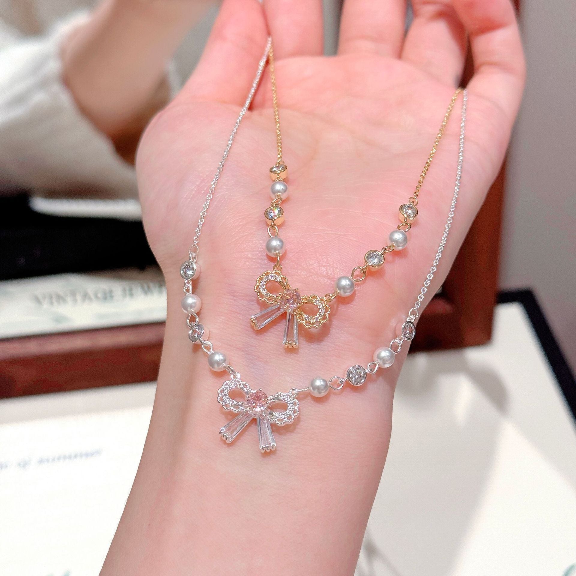 Lace Bow Pearl Clavicle Necklace, Vintage French Sweet Luxury Women Daily Neck Jewelry