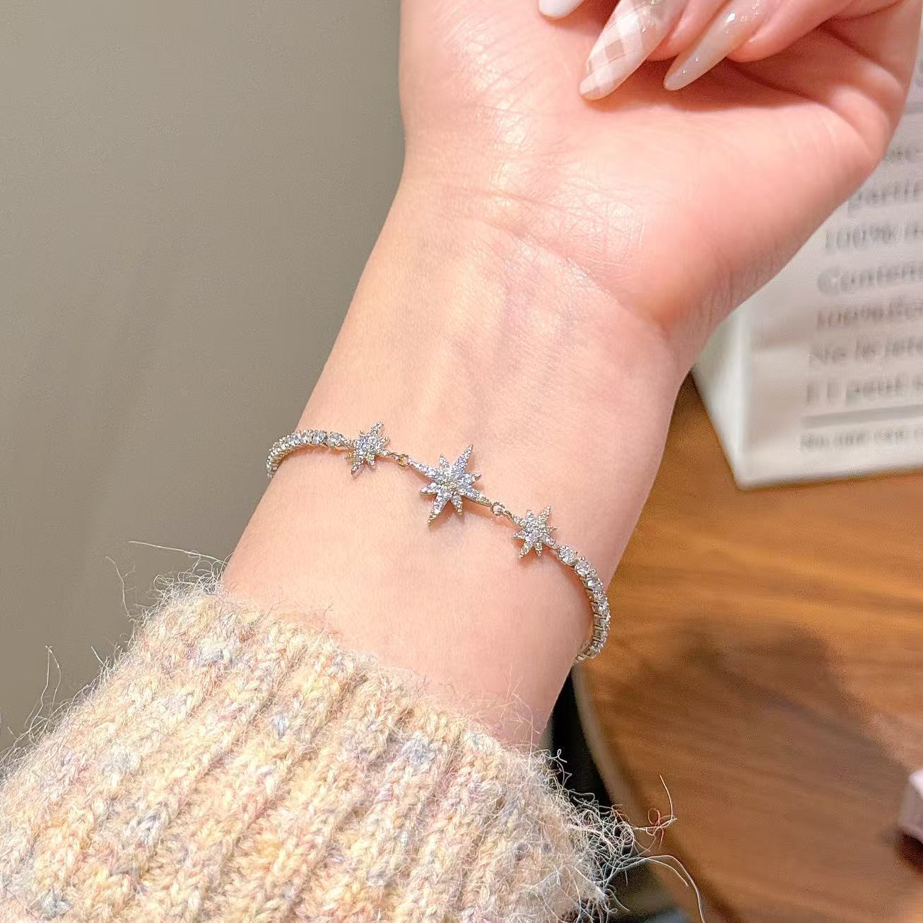 Six Pointed & Eight Pointed Star Cubic Zirconia Bracelets for Women, Korean Style Luxury Sparkling Dainty Versatile Daily Fine Wrist Jewelry