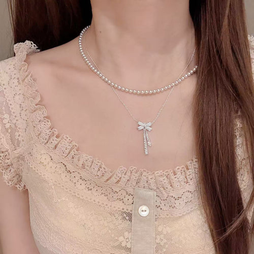 Bow Pearl Double Layer Necklace, Luxury Niche Elegant Clavicle Chain, Sweet Exquisite Fashion Jewelry